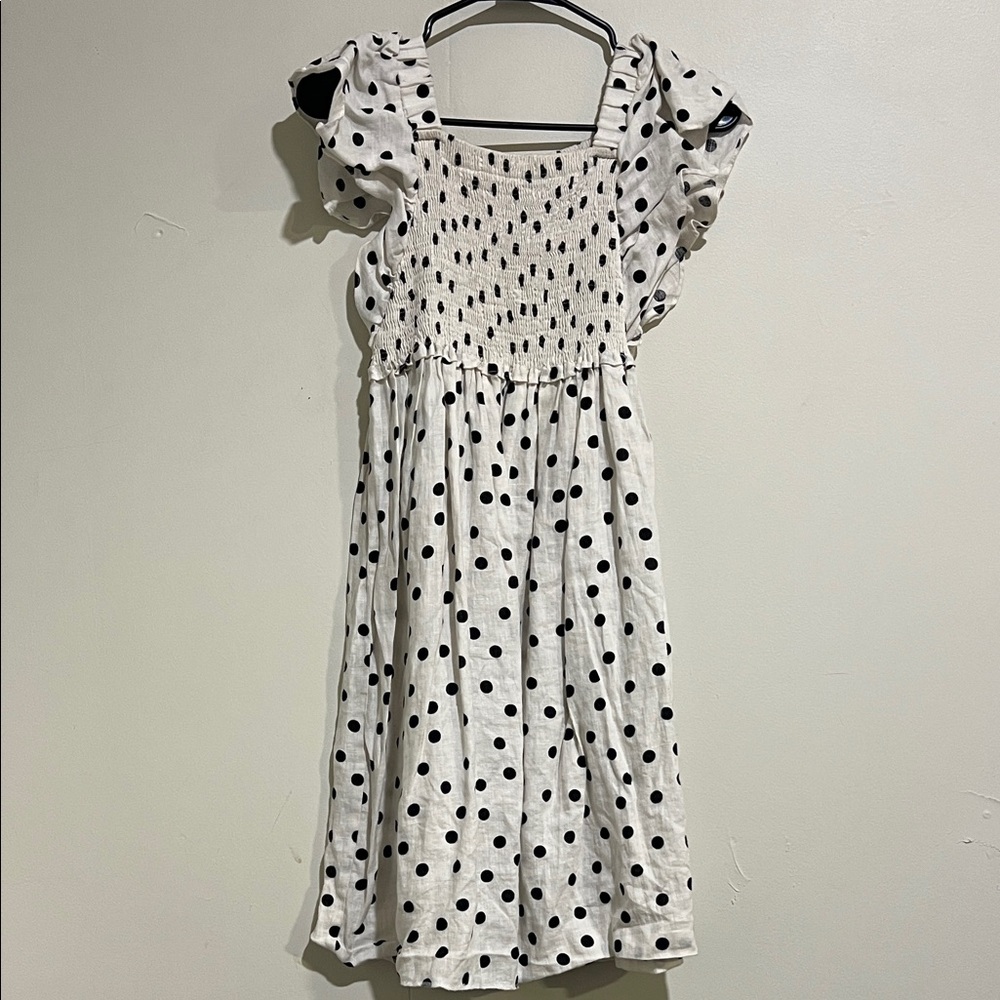 Zara White Smocked Dress with Black Polka Dots